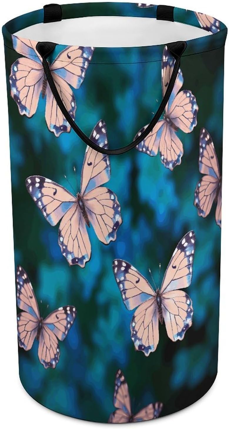 Cute Butterflies Laundry Hamper with Handles Waterproof Collapsible Laundry Basket Large Lightweight Round Dirty Clothes Hamper for Home Dorm Bathroom Decor