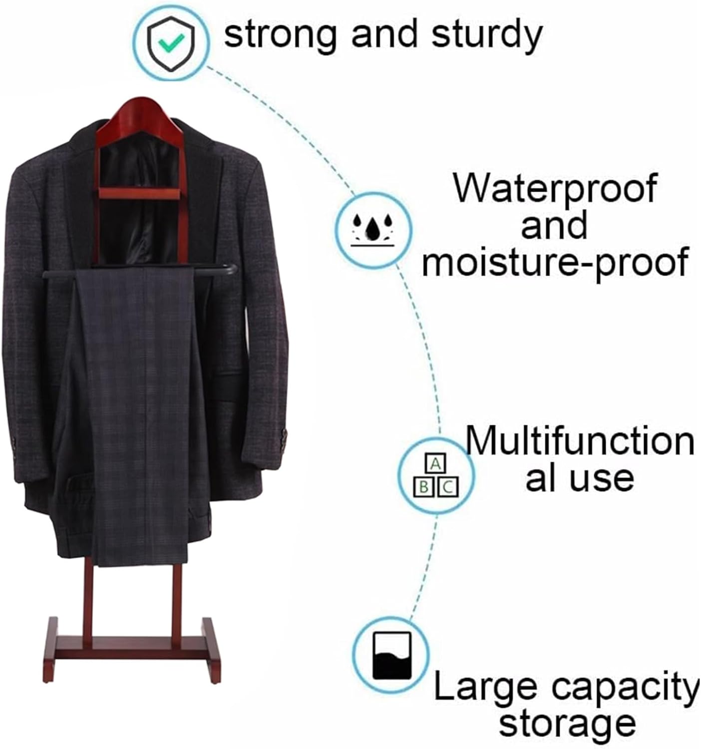 Deluxe Wooden Clothing Valet Stand - Floor Standing Suit Hanger Rack for Men & Women Perfect for Hallway & Dressing Room Nization,