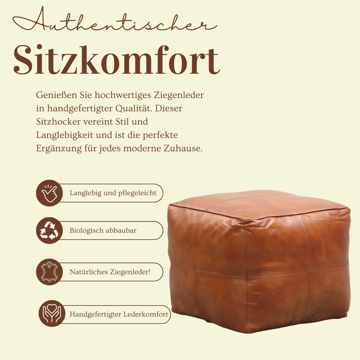 Vintage Sitzpouf Fjord modern Sitzkissen aus Leder in Braun 45 cm | Echtes Leder, Inklusive Füllung, Pouf Sitzhocker, Fußhocker Sitzsack, Skandinavische Deko