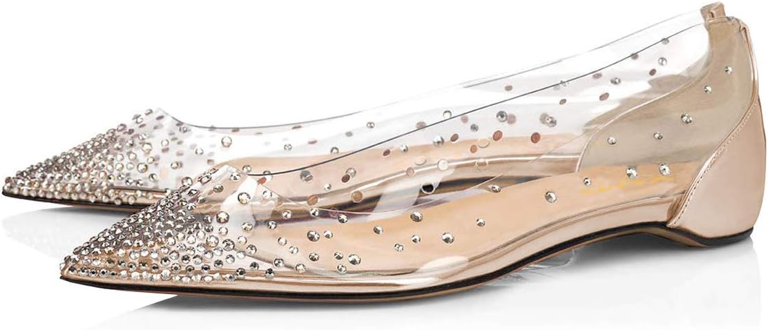 XYD Women Fashion Rhinestones Mesh-Clear Ballet Flats Pointed Toe Spikes Rivets Sequins Dressy Shoes Size 11 Champagne-Clear