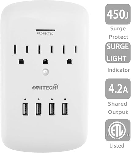 Miniatura 6 de Oviitech Adaptador de montaje en pared con protector de sobretensiones con 4 puertos de carga USB (4.2 AMP), 3 enchufes extensores de toma, blanco,