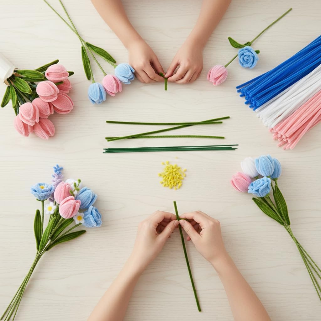 480 Pcs Pipe Cleaners for Flower Making, Multi-Colored Chenille Stems - Complete Arts and Crafts Supplies Kit for DIY Flowers, Home Decor, Kids and Adult Art Projects (Blue)