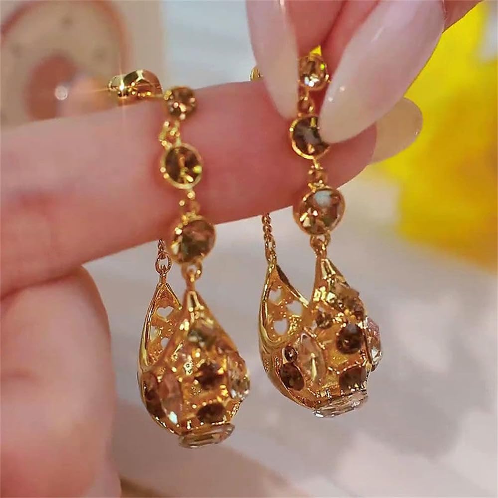 18K Gold Plated Vintage Drop Earrings for Women – Elegant Teardrop Cubic Zirconia Crystal Dangle Earrings with Brown Rhinestones – Statement Jewelry for Party, Wedding & Evening Wear - Image 3