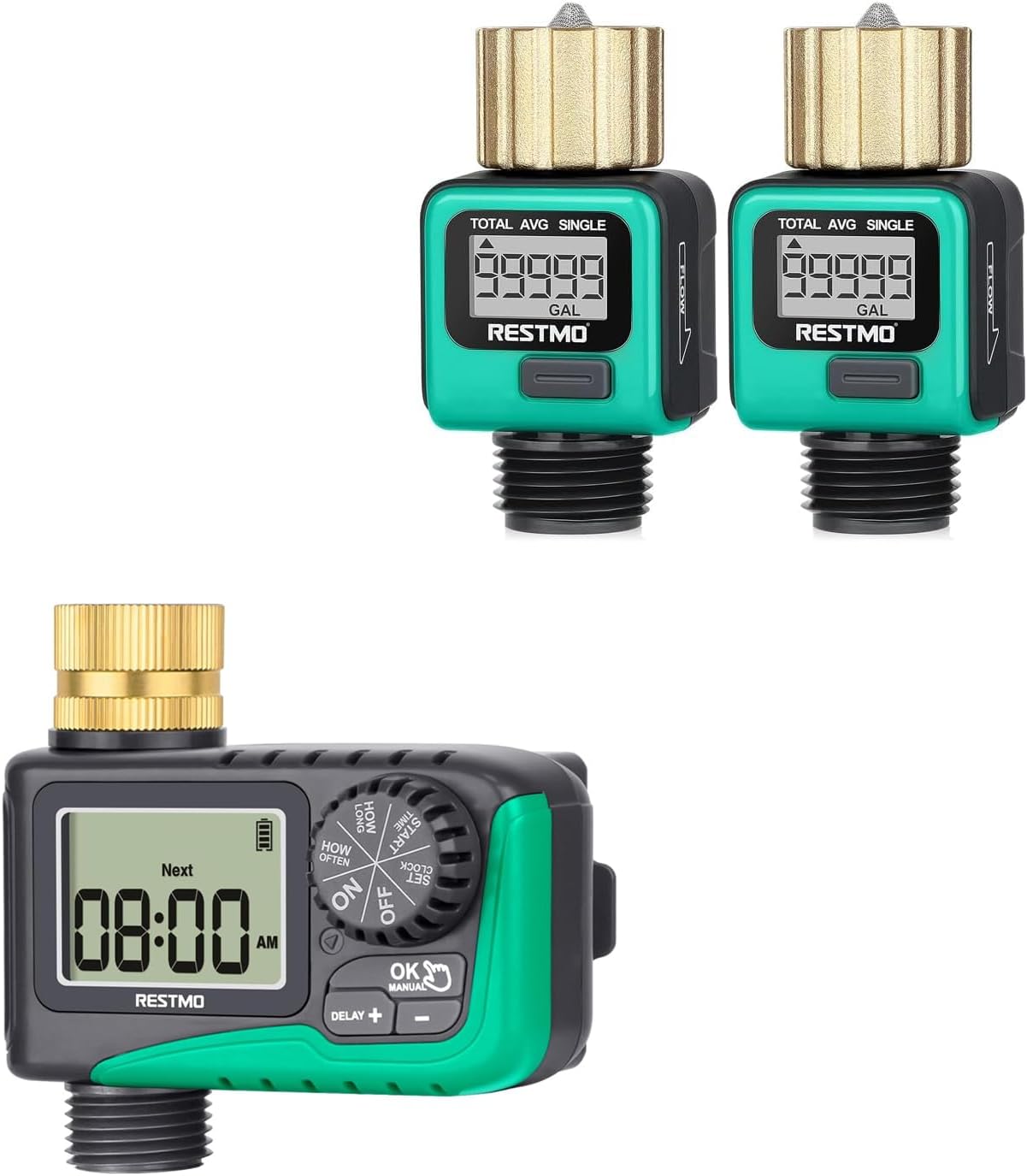 RESTMO 2 Pack Water Flow Meter, Sprinkler Timer with Brass