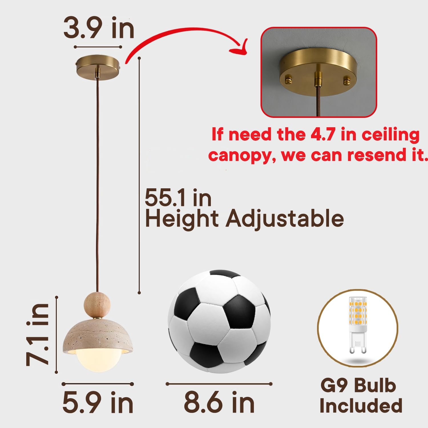 Wabi Sabi Pendant Light Set of 2, Yellow Travertine Pendant Light Fixture, 5.9 in Natural Stone & Wood Hanging Lamp for Kitchen Island, Hallway, Bedroom Bedside, Dining Room (G9 Base) image 3