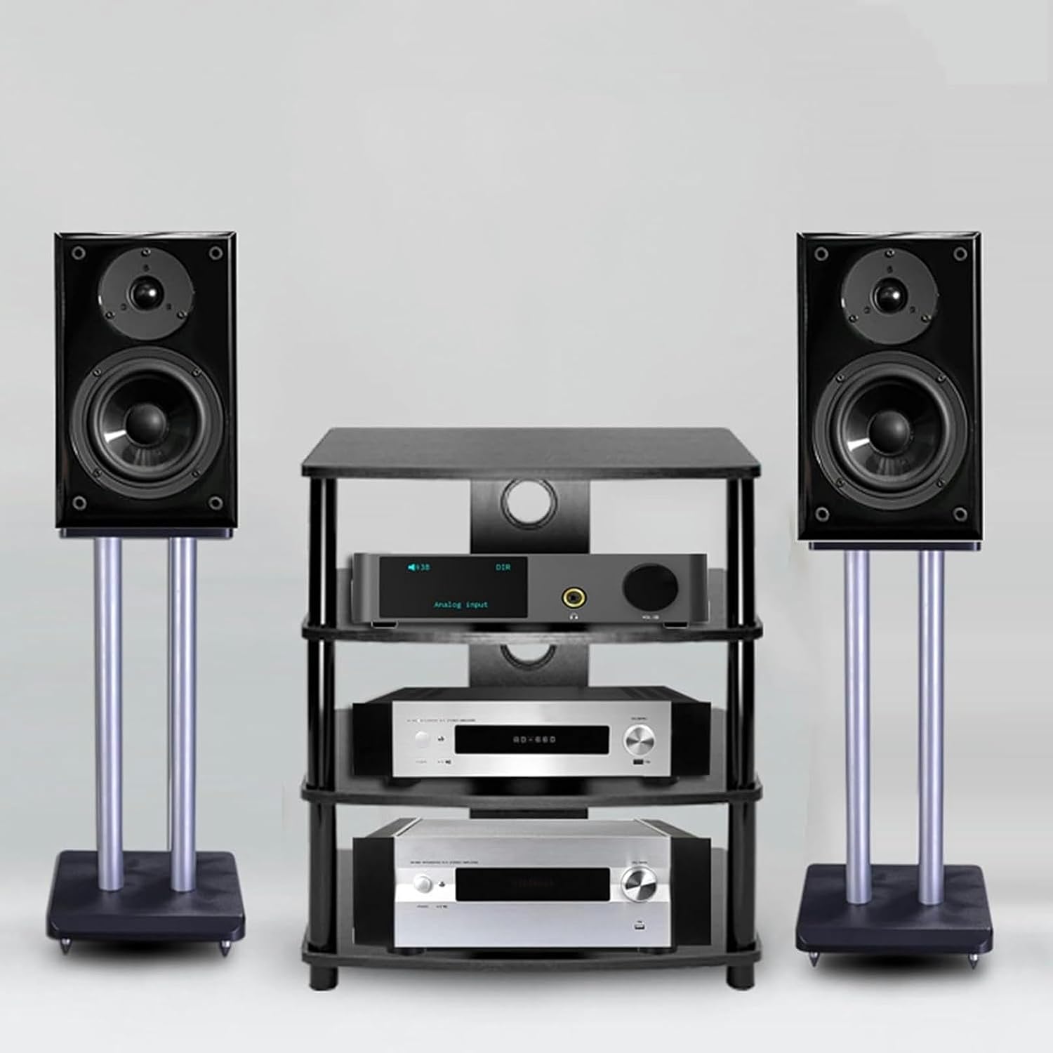 4-Tier Media Stand Audio/Video Component Cabinet with Wooden Shelf, Gaming TV Stand and Stereo Rack Corner Audio Tower Multi-Function Open Storage Rack for Home/Office/Theater