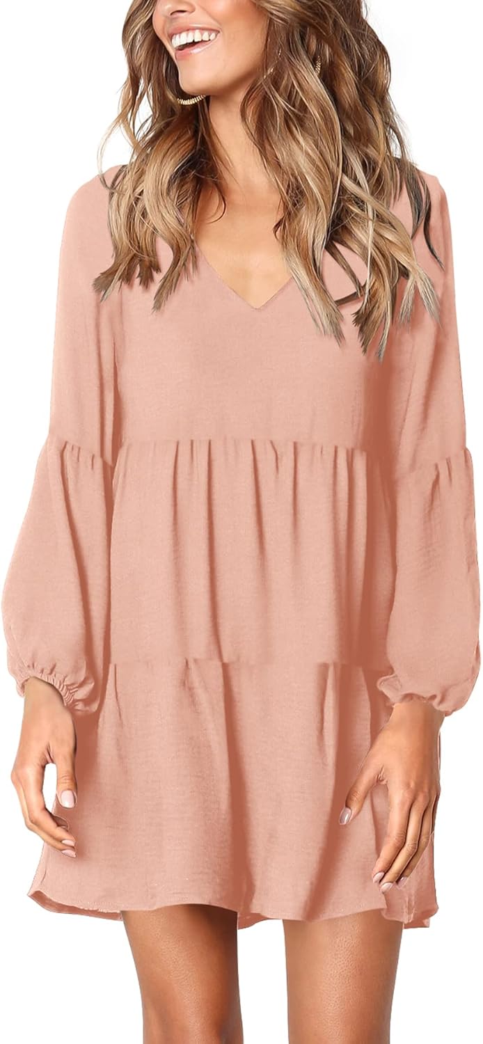 Amoretu Womens Tunic Dress Long Sleeve V Neck Casual Loose Flowy Swing Shift Dresses