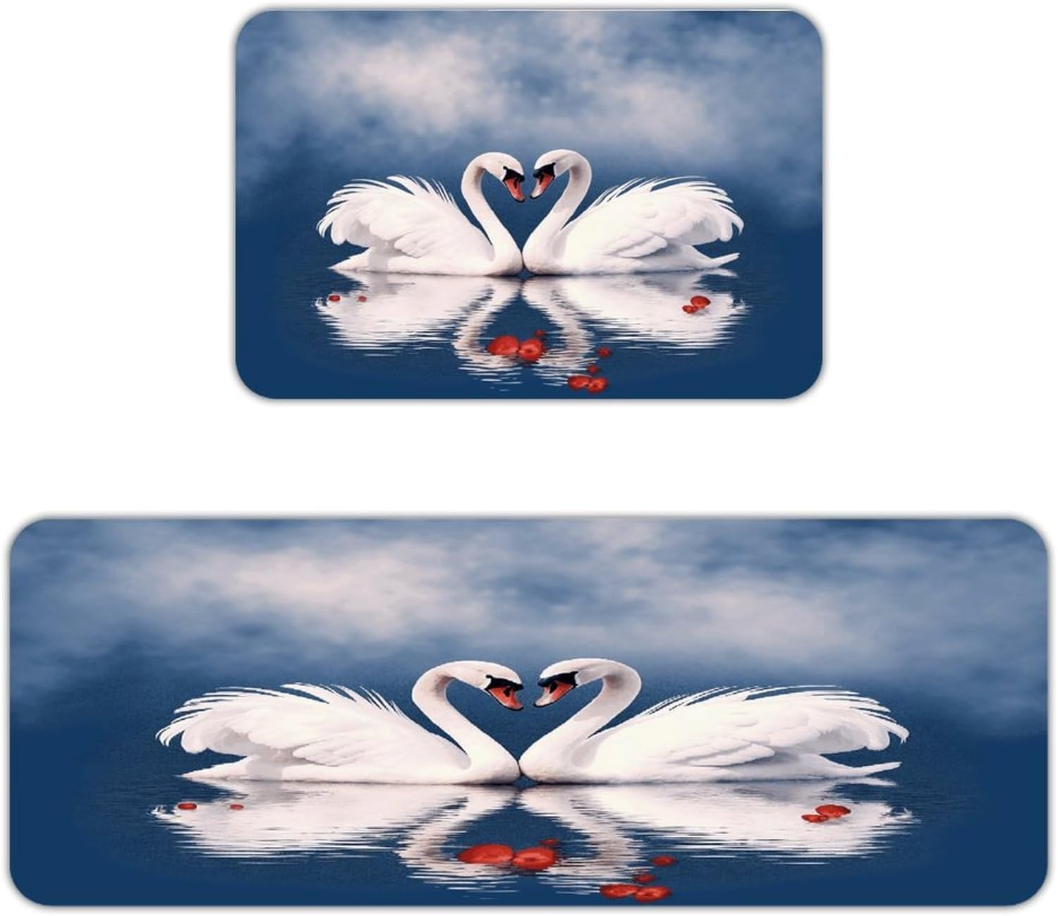 Valentine's Day Couple of Swans Heart Kitchen Mat Washable Non Slip Rugs Soft Kitchen Mats for Floor Set of 2 PCS Cushioned Absorbent Runner Standing Rugs for Home Sink Laundry Office