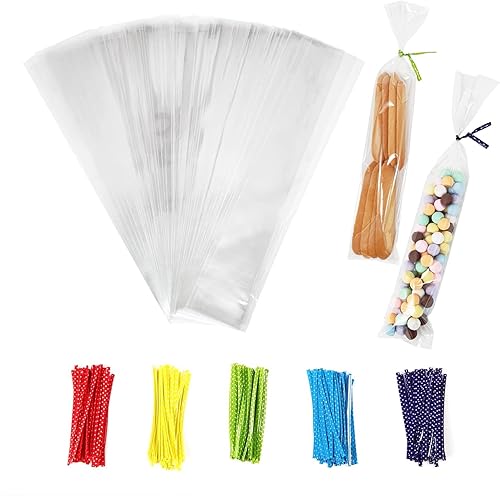 Newkita Bolsas de celofán de 2 x 10 pulgadas, bolsas de golosinas transparentes, bolsas de arroz crujiente con lazos giratorios de 4 pulgadas,