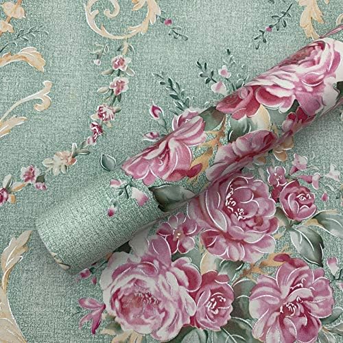 SECOCTSR Green Floral Peel and Stick Wallpaper Vintage Contact Paper Backsplash Removable Self Adhesive Wallpaper Retro Blooming Flower 17.7"X118" Decorative Bedroom Countertop Cabinet Easy to Cut