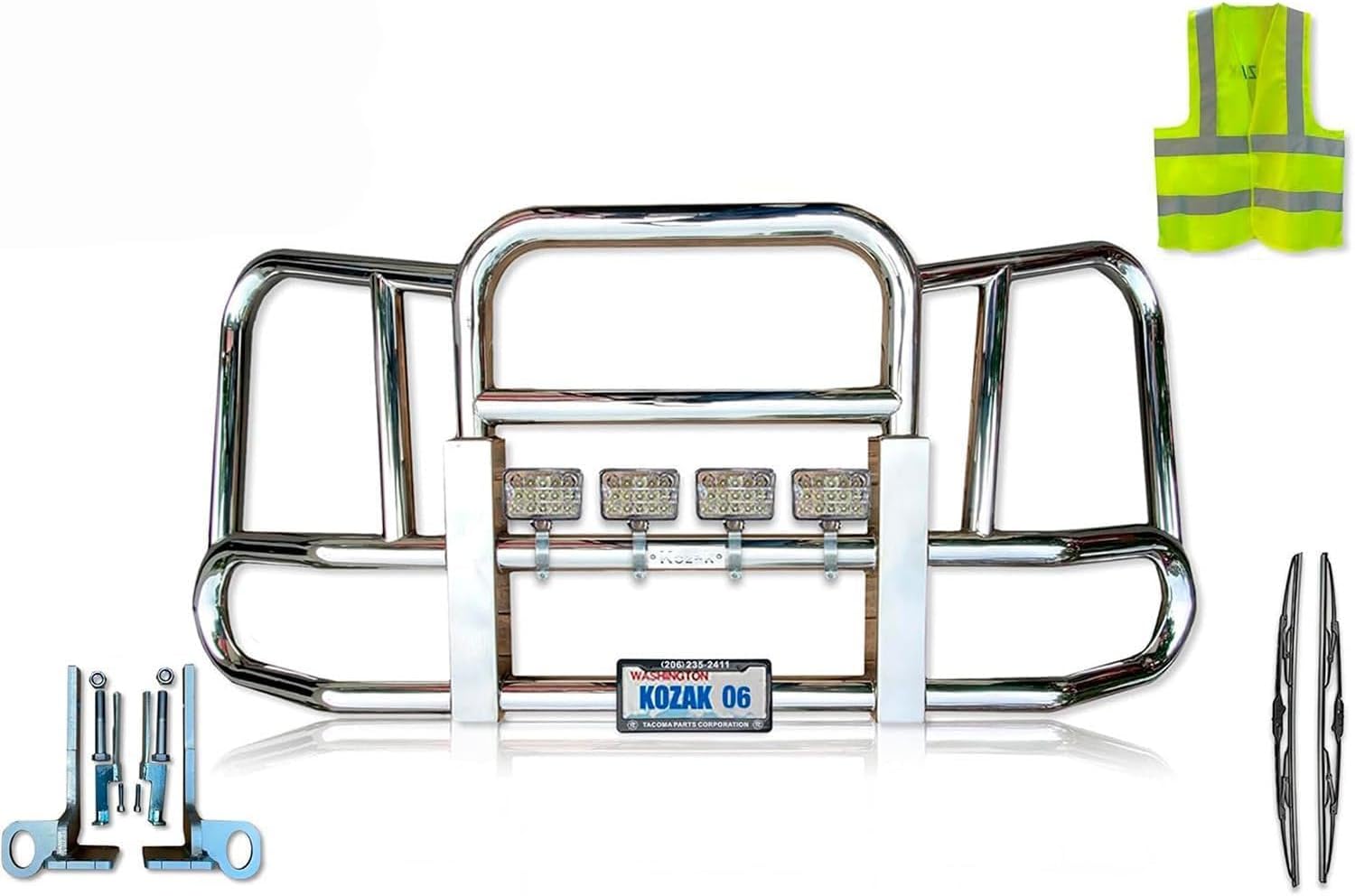Front Grille Deer Moose Brush Bumper Guard Large Square Compatible with Kenworth T680 2011-2020 PLUS Logo, 4x 6" 60 LED Headlight, Windshield Wipers, License Plate Holder and Frame, Vest