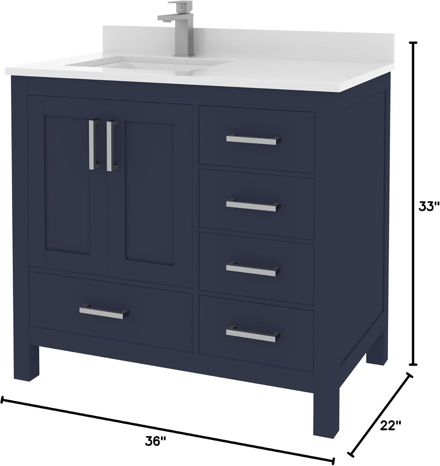 Ayna Decors Rooh 36 Inch Navy Blue Bathroom Vanity with Sink, Quartz Countertop, 2 Soft Closing Doors, and 4 Full Extension Drawers, Brushed Nickel Hardware