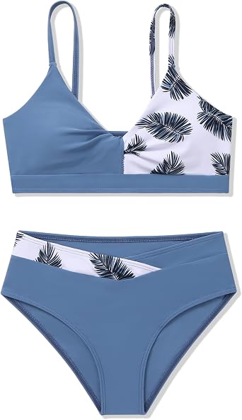 Girls 2 Piece Swimsuit Bikini Set Color Block Tropical Floral Bathing Suit Girls Cute Swimwear
