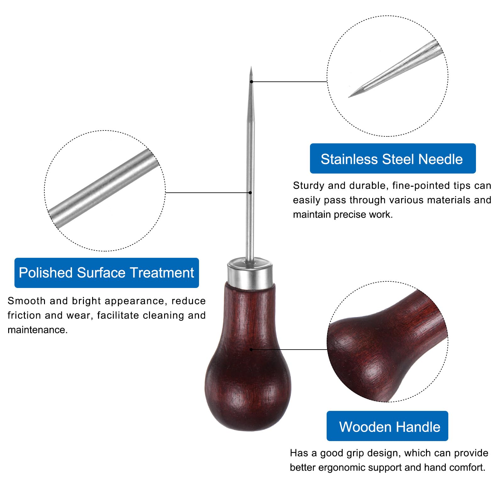 HARFINGTON Punzón de costura hecho a mano, punzón de cuero con mango de madera para rayar para alambre roto, perforación, reparación de costuras y bricolaje hecho a mano, color rojo y marrón