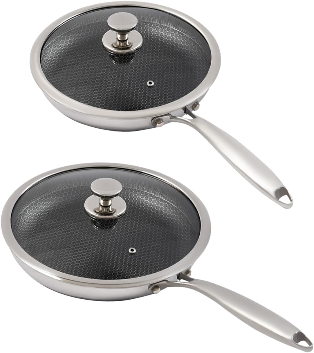 DNYSYSJ 2PCS Stainless Steel Pan, Non Stick Frying Pans with Honeycomb Pattern & Glass Lid, Cookware Set Induction Compatible Healthy Skillet for Gas, Electric & Ceramic Cooktops（10 + 12 Inch）
