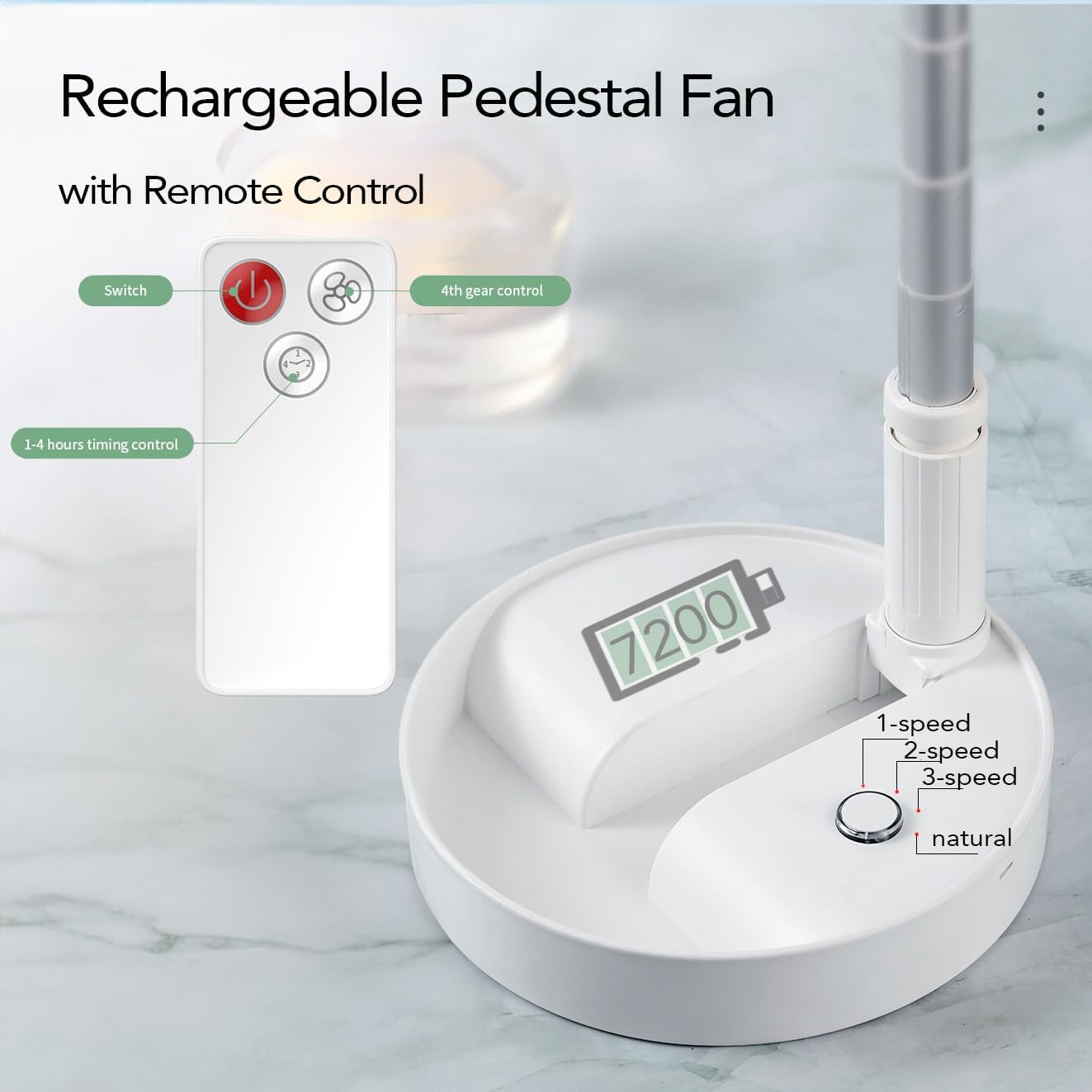 Foldable Fan Pedestal for Bedroom, Super Quiet Portable Fan Rechargeable Remote Control, also for Office, Camping Adjustable height Floor and Table Suitable, 8“ Black