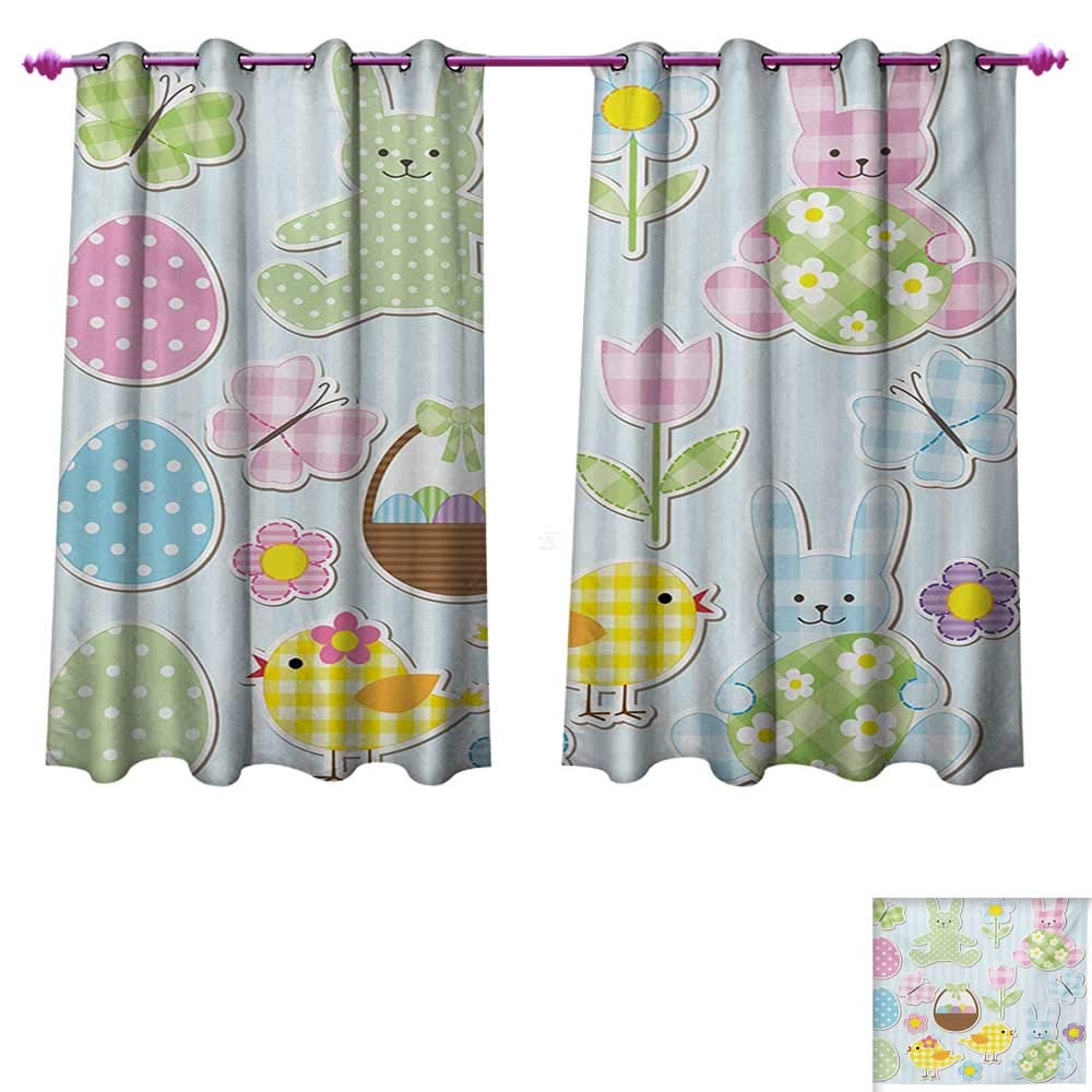 Littletonhome Easter Blackout Window Curtain Nursery Theme Bunnies Chicks Giant Eggs Pastel Colored Holiday Illustration Customized Curtains W63 x L63 Multicolor