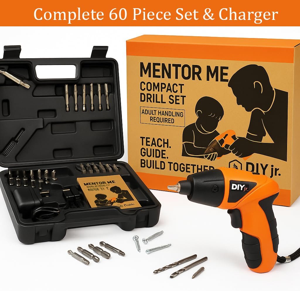 Mentor Me Real Cordless Drill Set for Kids - Parent-Guided Learning Power Tool Kit with LED Light, Charger & Case - Educational STEM Tool for Boys & Girls - Adult Handling Required