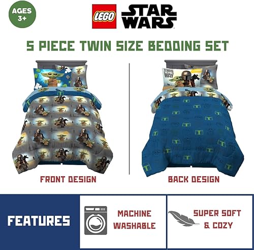 Miniatura 2 de Franco Lego Star Wars Mandalorian - Juego de edredón y sábanas de microfibra reversible súper suave y acogedor con funda, 5 piezas, tamaño