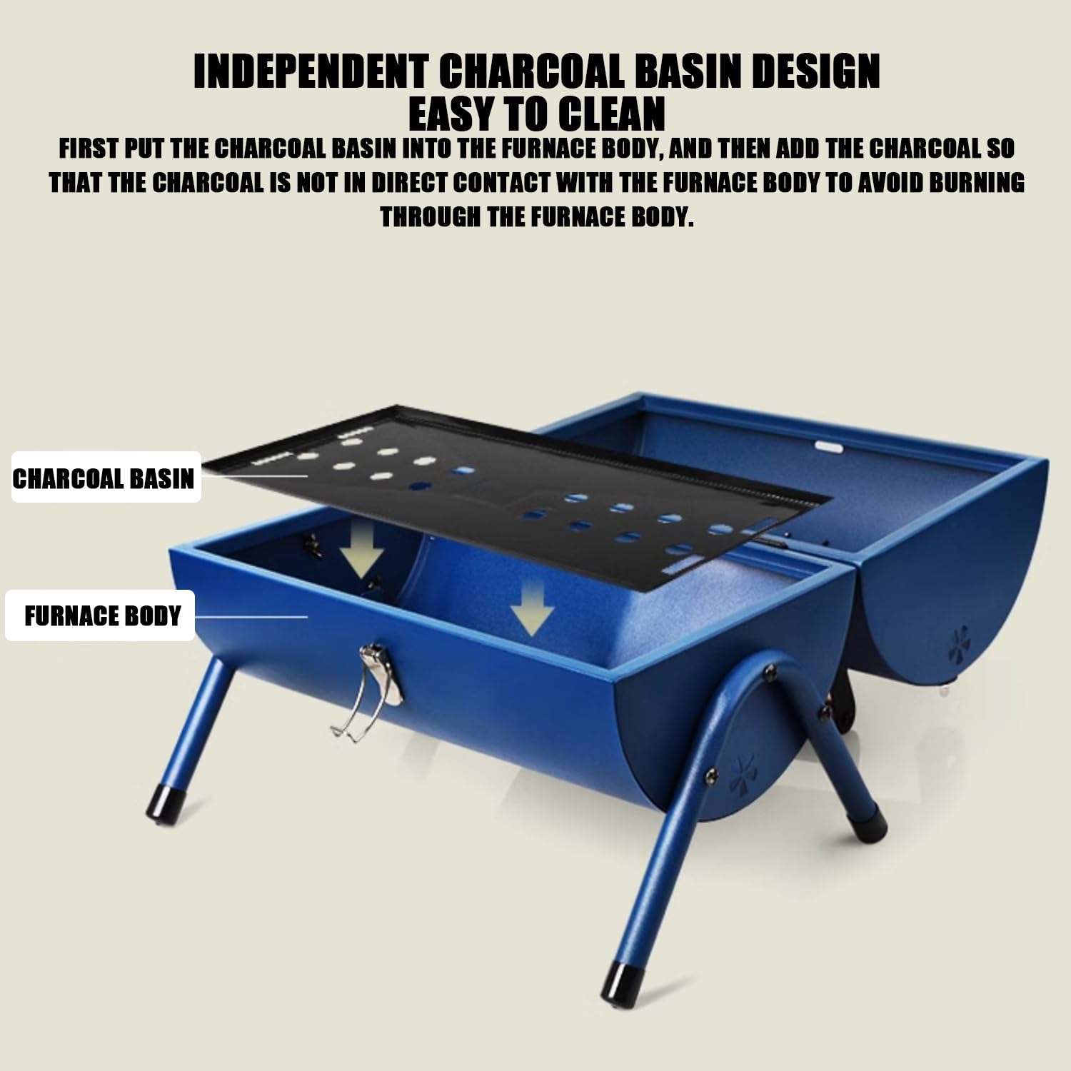 Barbecue portatile 3 in 1 con coperchio per affumicatore, grande griglia a carbone per arrostire e stufare, ideale per scrivania, campeggio, blu
