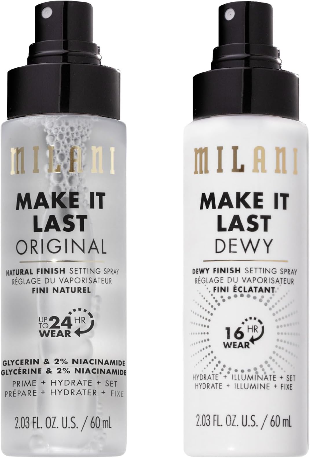 Milani Setting Spray + Primer, Make It Last Original - Natural Finish with Niacinamide for Hydration & Make It Last Dewy - Dewy Finish Moisturizing Formula for Glow on the Go - 2 Pack