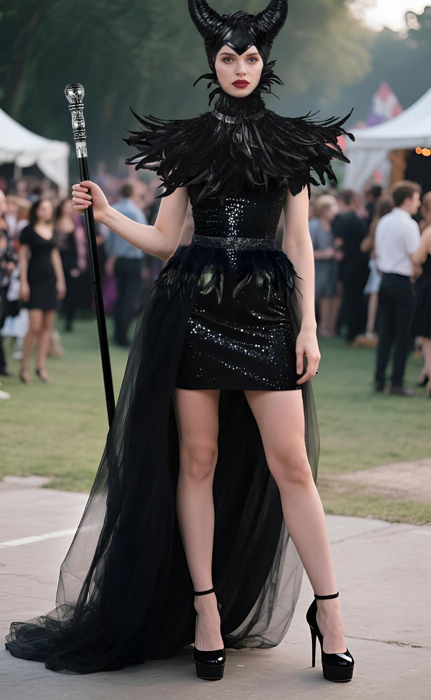 UQJE Black Gothic Witch Costume Raven Costume Halloween Feather Shawl Mesh Cape with Horns Set - Image 6