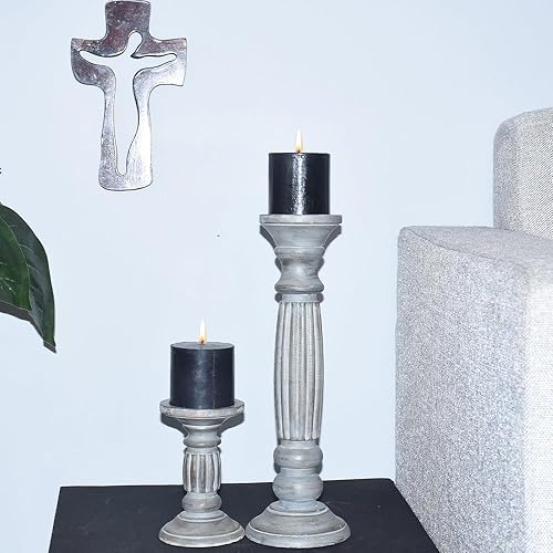 Miniatura 15 de Juego de dos portavelas de pilar de 6 y 9 pulgadas de madera de mango hecho a mano Antiguo anochecer