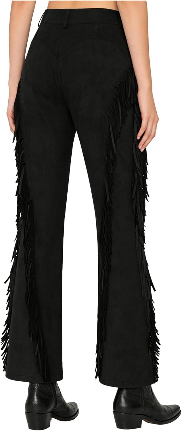 Yartina Womens Cowgirl Pants Fringed Wide Leggings High Waisted Tassels Faux Suede Trouser