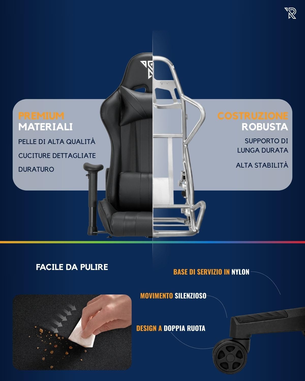 Felix Sedia Da Gaming Ergonomica Stile Racing Con Schienale Alto Per Persone Alte, Materiali Resistenti, Base In Nylon, Supporti Lombare E Cervicale Regolabili, Cuscini Inclusi, Nero