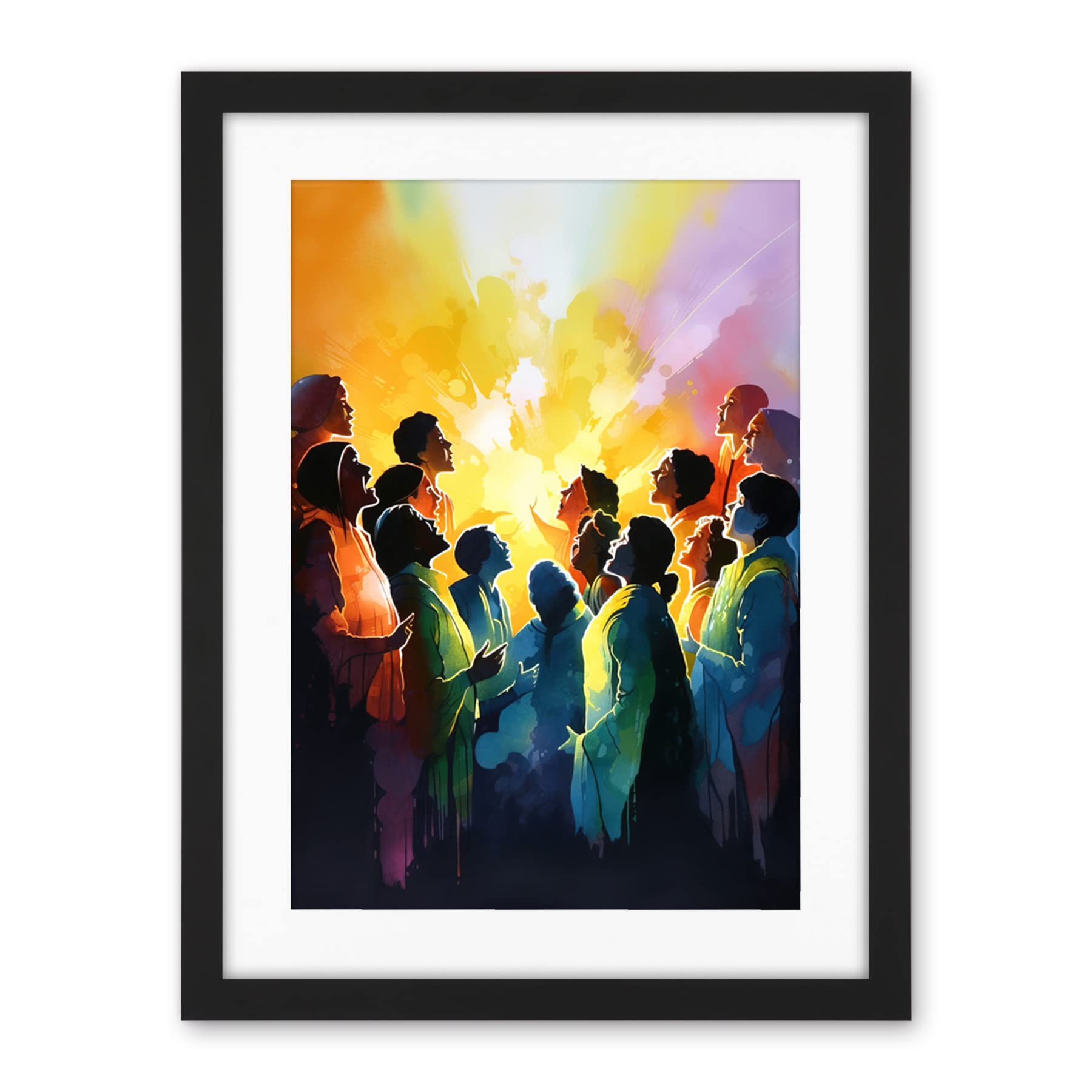 Artery8 Choir Women Singing by Bonfire Modern Rainbow Colour Watercolour Painting Artwork Framed Wall Art Print 18X24 Inch