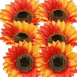 6 Pcs Large Artificial Sunflower Heads, 7" Orange Fake Silk Sunflowers Bulk Faux Sun Flowers Arrangements for Home, Birthday, Party, DIY, Wedding, Autumn Decorations