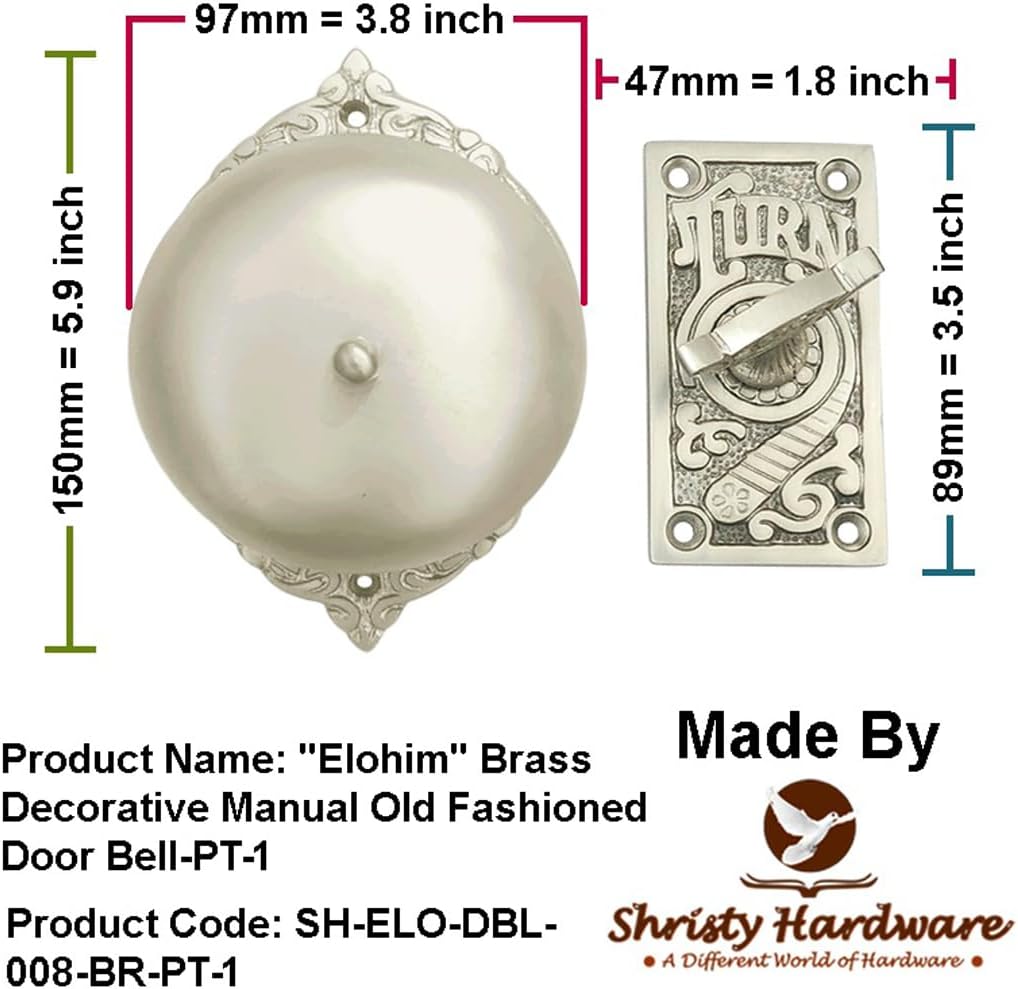 "Elohim" Brass Manual Old Fashioned Door Bell – Vintage Twist Bell – Mechanical Turn Door Bell for Home – (Pack of 1 Satin Brass) PT-2