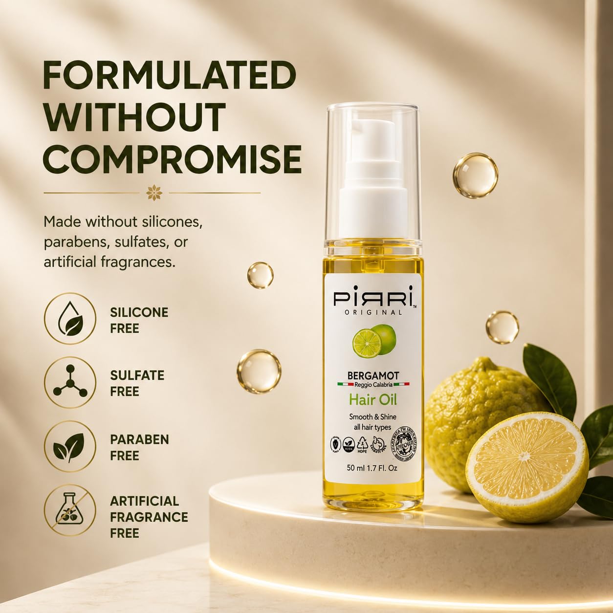 Bergamot Hair Oil, Italian Calabrian Bergamot Oil, Lightweight Leave-In Hair Treatment for Smooth & Shiny Hair, Non-Greasy Formula, Citrus Bergamot Aroma, 1.7 Fl Oz (50 mL)