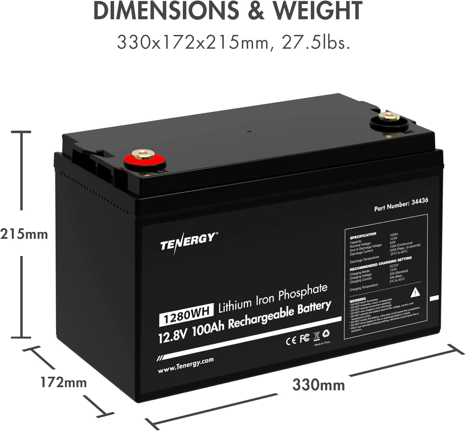 Tenergy LiFePO4 12.8V 100AH Battery, Built-in 100A BMS, 4000+ Cycles, Ideal for RV, Solar, Off-Grid, and More