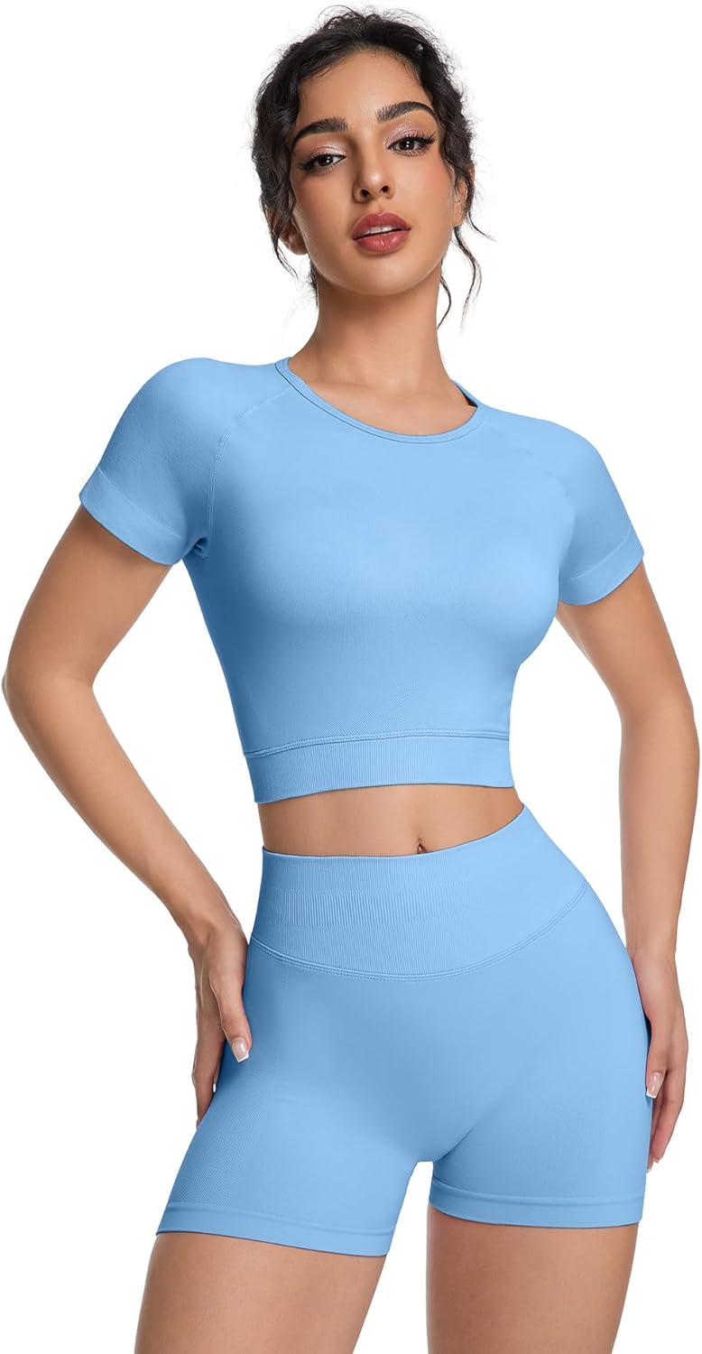 OVESPORT 2 Piece Workout Sets for Women Impact Crop Top Shirts and Seamless Gym Shorts Outfits - Image 3