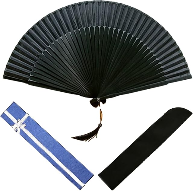 VIKSAUN Black Hand Fan, Folding Hand Fan, Tai Chi Folding Fan, Silk Fabric Bamboo Ribs Handheld Folding Chinese Fan, for Dancing, Party, Gifts, DIY Decoration, Home Decorations, with Gift Box (1 Pcs)