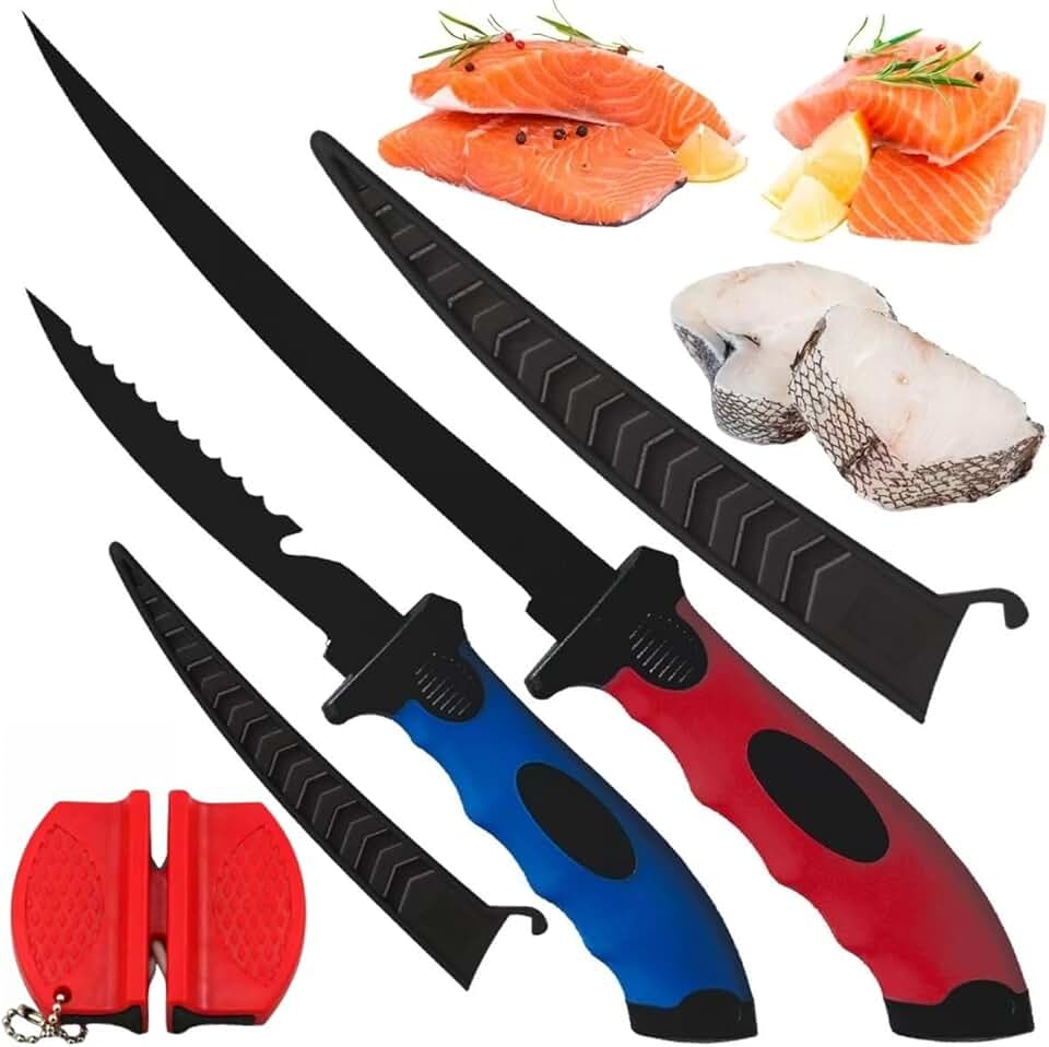 Conjunto De 2 Facas Filetar Peixe, Facas De Aço Inoxidável De 5 E 7" Com Afiador, Cabos Antiderrapantes, Facas Limpeza De Peixe Para Pesca, Camping E Culinária Ao Ar Livre, Vermelho E Azul