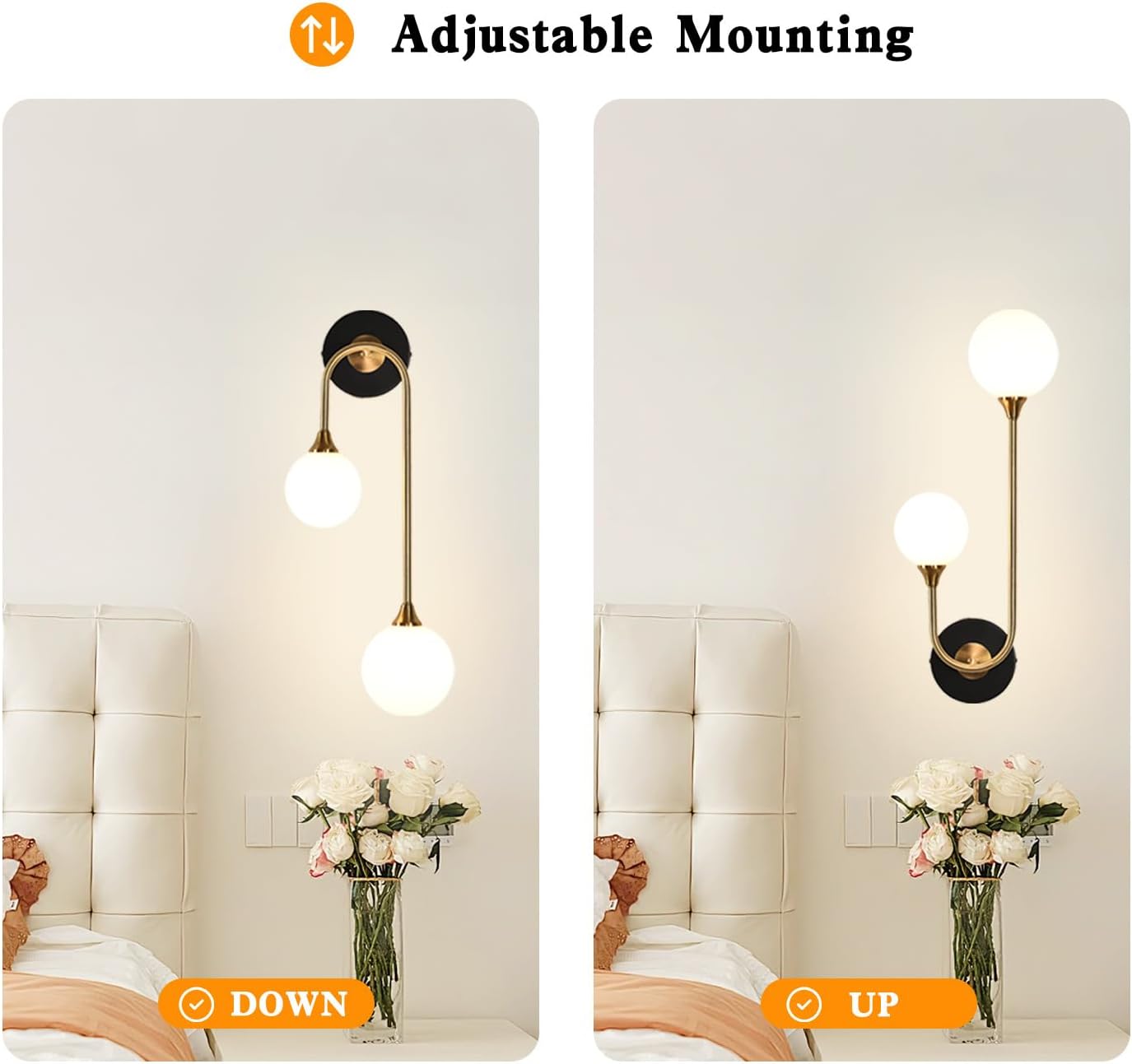 Mid Century Modern Wall Sconce Set of 2 Black and Gold Milk Glass Sconces with Double Ball Hardwired Wall Light for Bedside Bedroom Bathroom Living Room Corridor G9 Base (Bulbs Not Included)