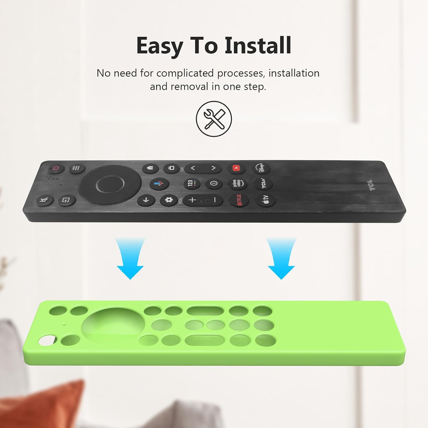 Image showing how to install the silicone remote cover onto a TCL remote control.