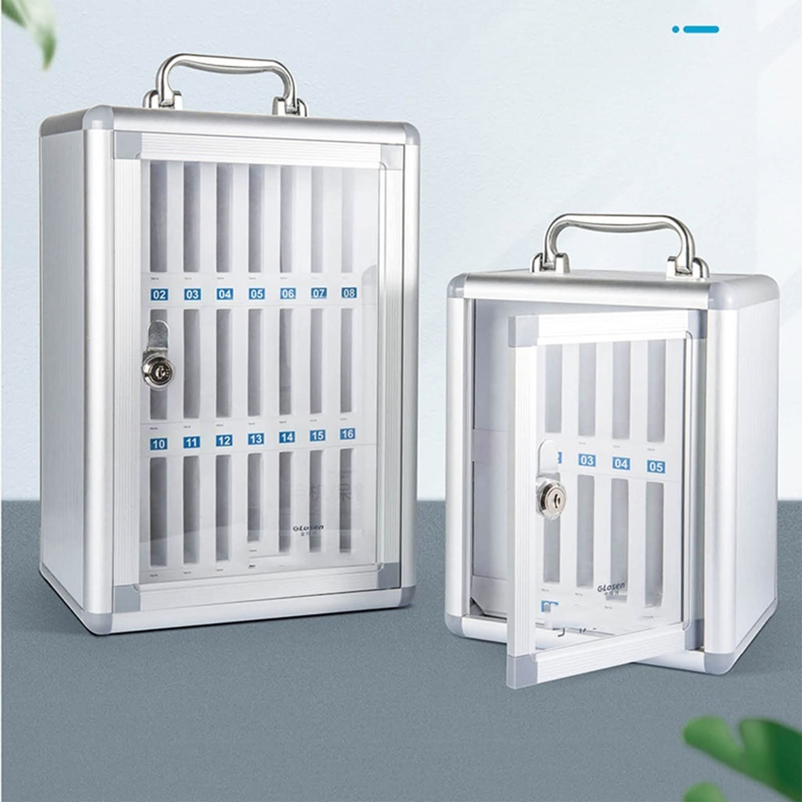 Armadietto da parete per telefono cellulare a 36 posizioni con maniglia per il trasporto, ideale per scuole e aziende, colore argento, disponibile in 48 e 60 posizioni.