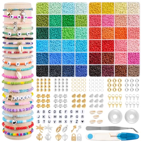 ARTREE 16000 Pièces Perles de rocaille en verre de 3mm,pour la fabrication de bijoux, avec 300 Perles Lettres Kit