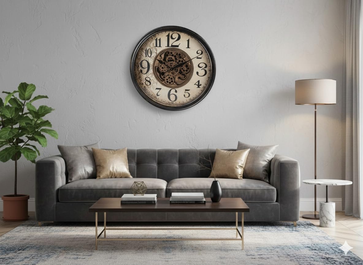 formano Moderne Wanduhr mit Beweglichen Zahnrädern 65 cm Metall Clock Antik-Sytle
