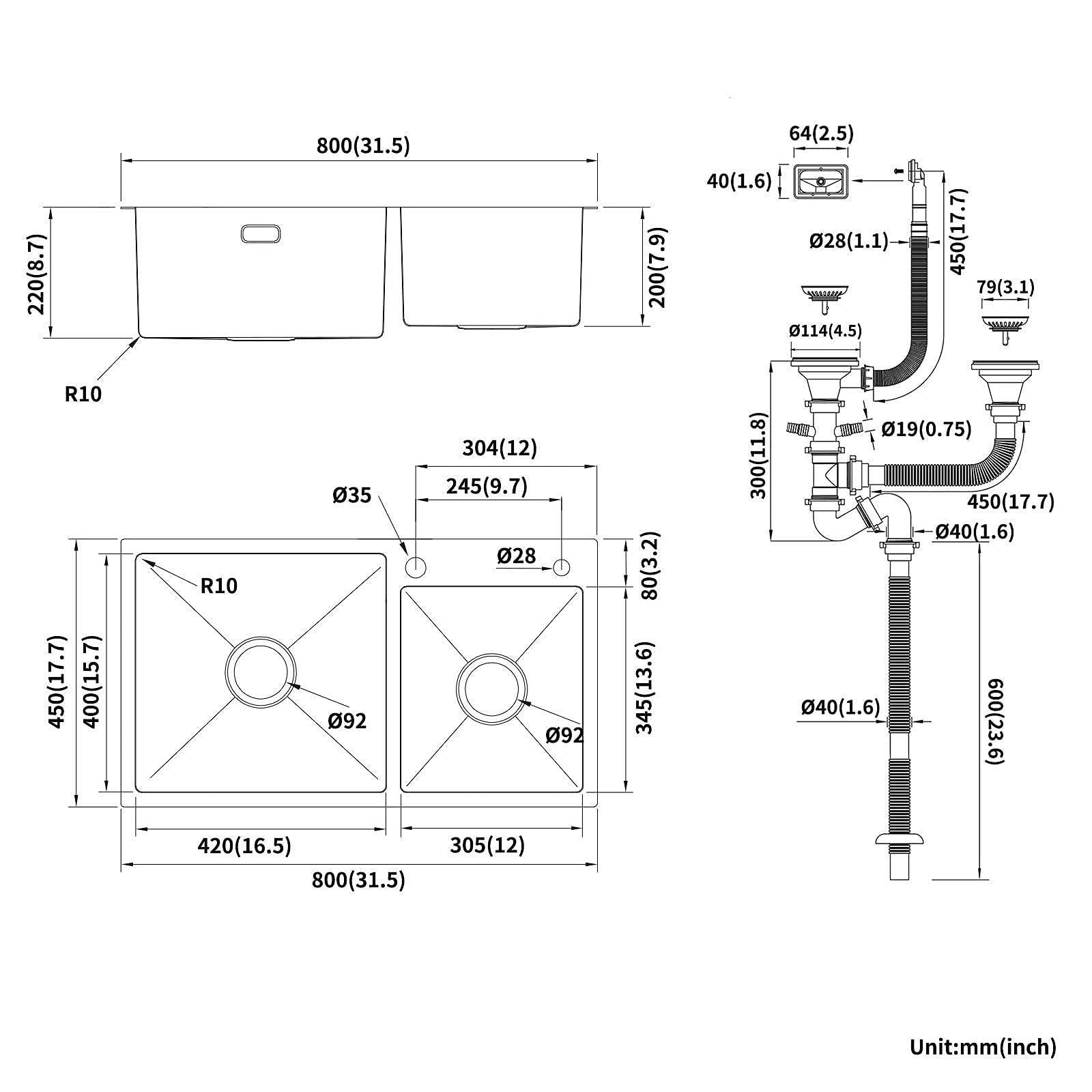 Lonheo Kitchen Sink 80 x 45 cm,Stainless Steel Sink for Top Mount and