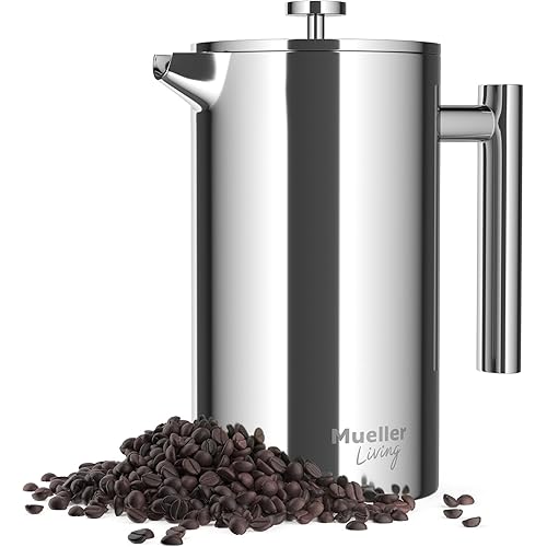 MuellerLiving French Press Coffee Maker 34oz, Stainless Steel French Press Coffee, 4 Filter Heat Resistant Double Insulated, Rust-Free, Food Grade, Dishwasher Safe Coffee Pot