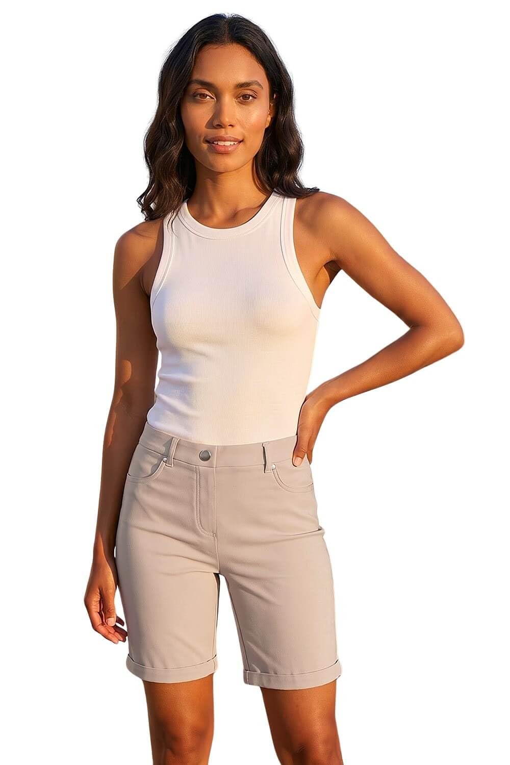 Roman Originals Women's Natural Roman Stretch Shorts For Uk Pull On Turned Hem Cut Off Bengaline Mom Boyfriend Boy Denim Casual Cropped Pants Capri Slim Fit Turn Up Summer Crops Mother - Size 10