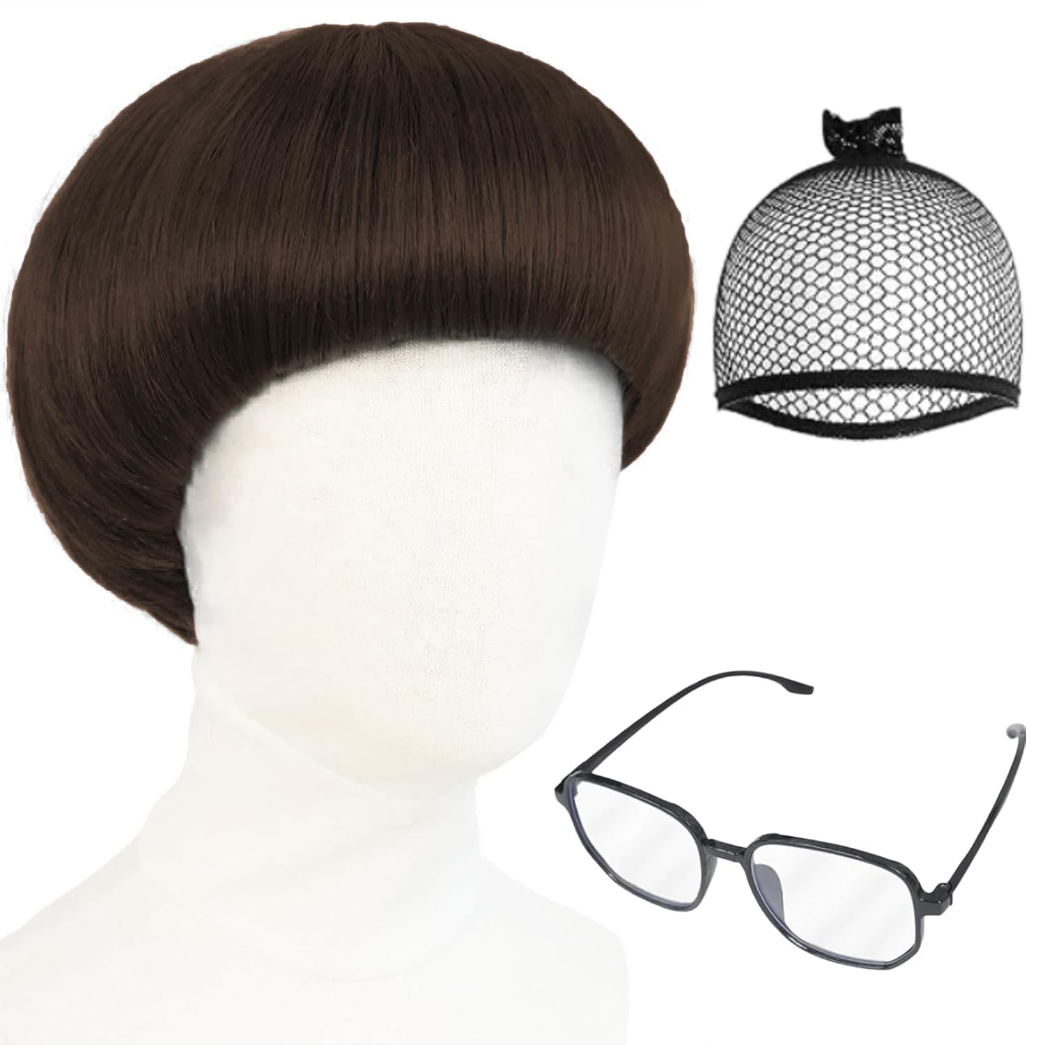 Short Brown Cosplay Wig with Bangs + Glasses Mushroom Wigs Bowl Cut Funny Wigs for Men 60s Women Straight Adult Synthetic for Anime Halloween Costume Party + Wig Cap