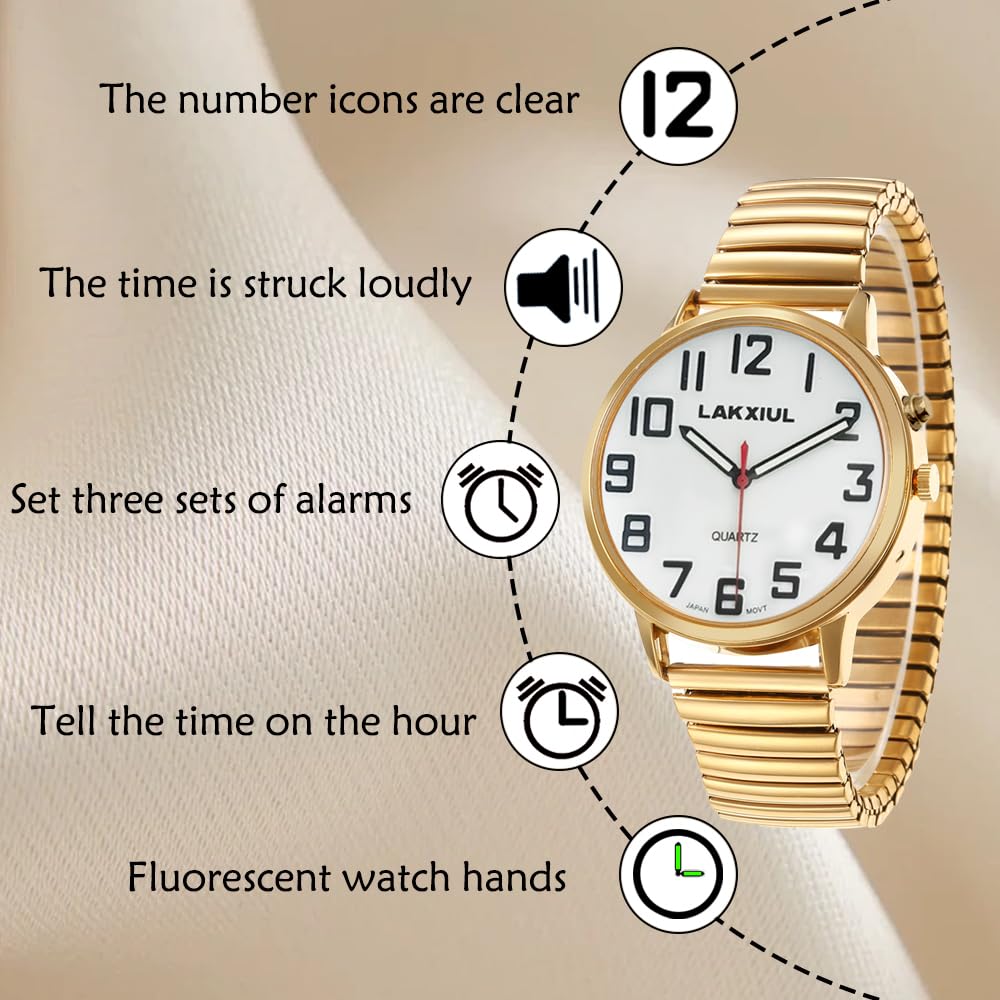 Reloj parlante inglés con números grandes, anuncio de hora y fecha, correa telescópica de acero inoxidable, reloj despertador (GT81)