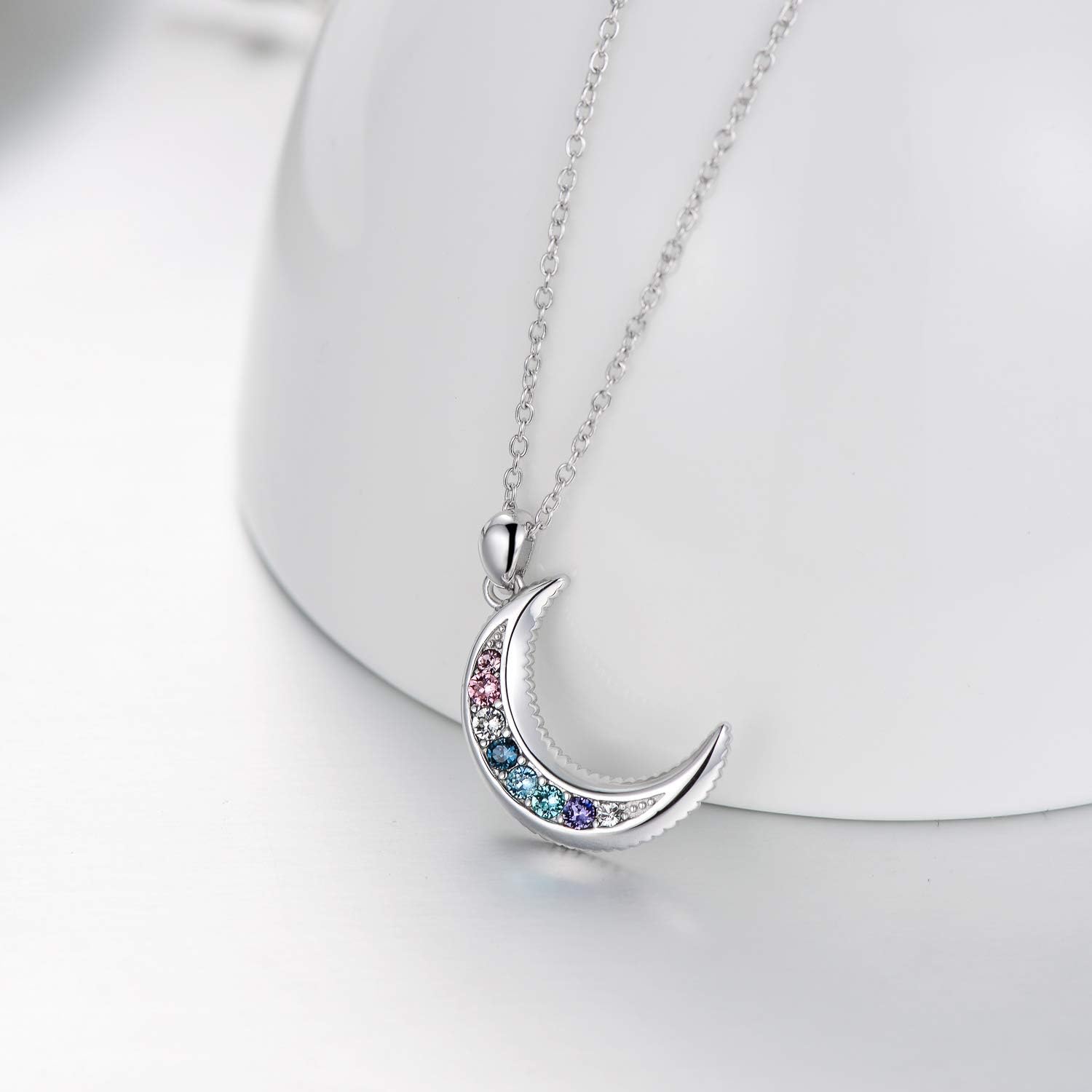 AOBOCO Sterling Silver Crescent Moon Necklace for Women, Gorgeous Multicolor Moon Pendant Embellished with Crystals from Austria, Anniversary Birthday Moon Jewelry Gifts for Lovely Ladies