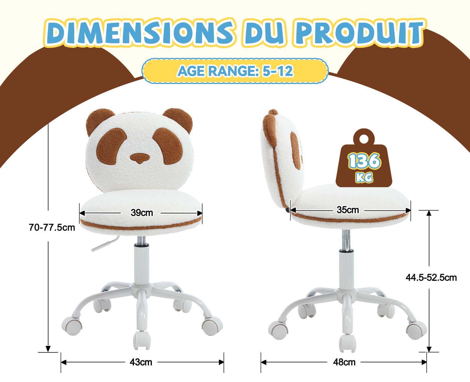 Chaise de Bureau Enfant Pivotante Chaise pour Enfants Réglable avec Motif Panda Fauteuil Ergonomique pour Étudier et Lire, Marron