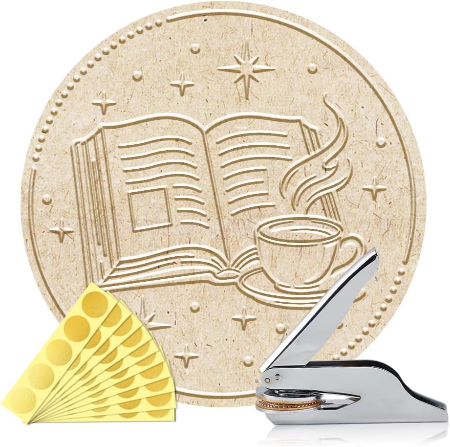 ANATTASOUL Book Embosser Personalized Books and Coffee Pattern Book Stamp, Durable Library Stamp with Handle Set for Books, Library, Envelopes, Documents, Invitation（100Pcs Stickers